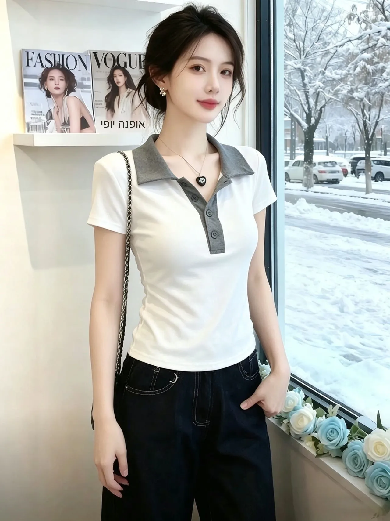 Summer Women's Slim Fit  Shirt Short Sleeve 95 Cotton Waist Cinched Turn-down Collar T-shirt Big Size plus Size Casual Wear