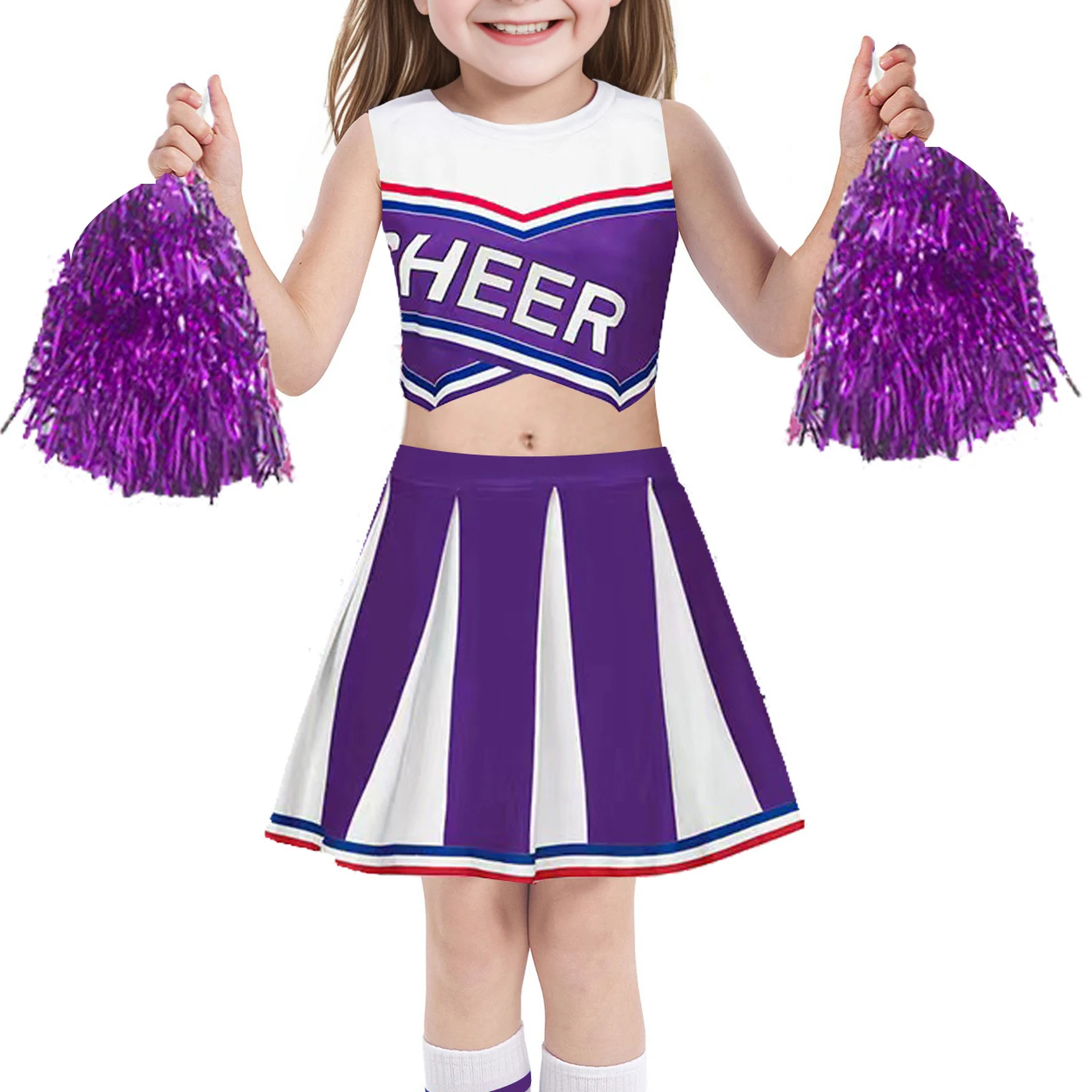

Youthful School Girls Cheerleading Uniform Dance Cheering Outfit Sleeveless Crop Top with Pleated Skirt And Flower Balls Set