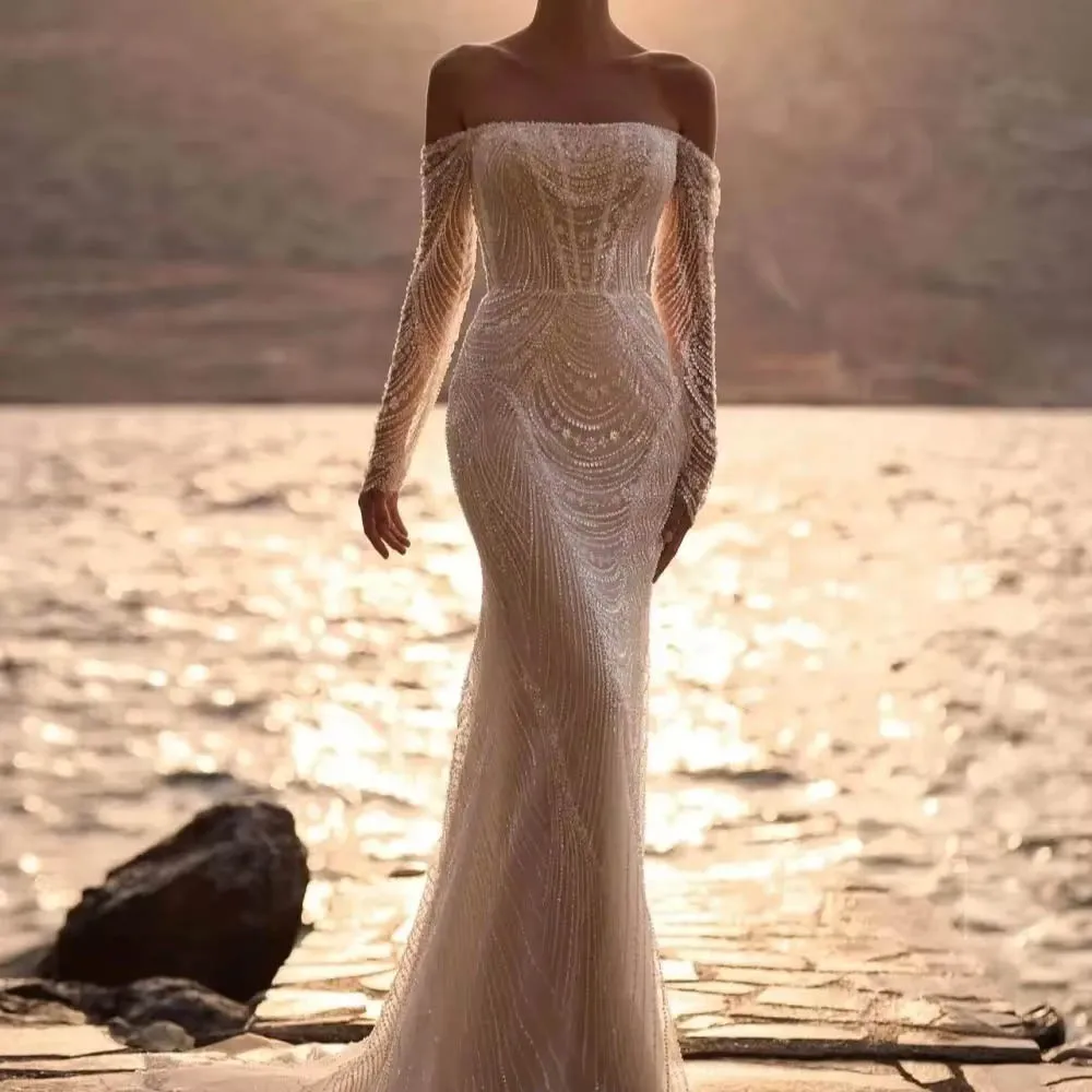 Customized Exquisite Sexy Wedding Dress For Woman Bride Beaded Mermaid Long Open Back Off Shoulder Strapless Bridal Gown