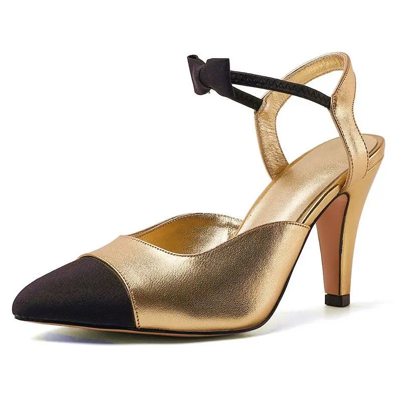 Pointed Bow Color Blocked Sheepskin Temperament Sandals for Wearing Europe and America Light Mouth High-Heeled Party Shoes
