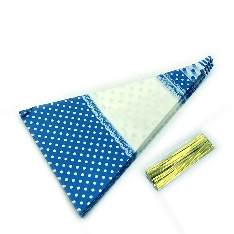 50pcs Blue Dots Cellophane Bags Clear Plastic Candy Gift Bag Triangular Cone-Shaped Treat Popcorn Sugar Bags With Twist Ties