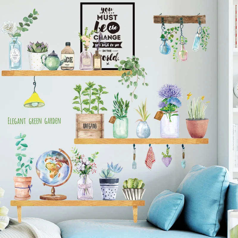 Watercolor Potted Plants Wall Stickers, Elegant Green Garden Shelf Decor