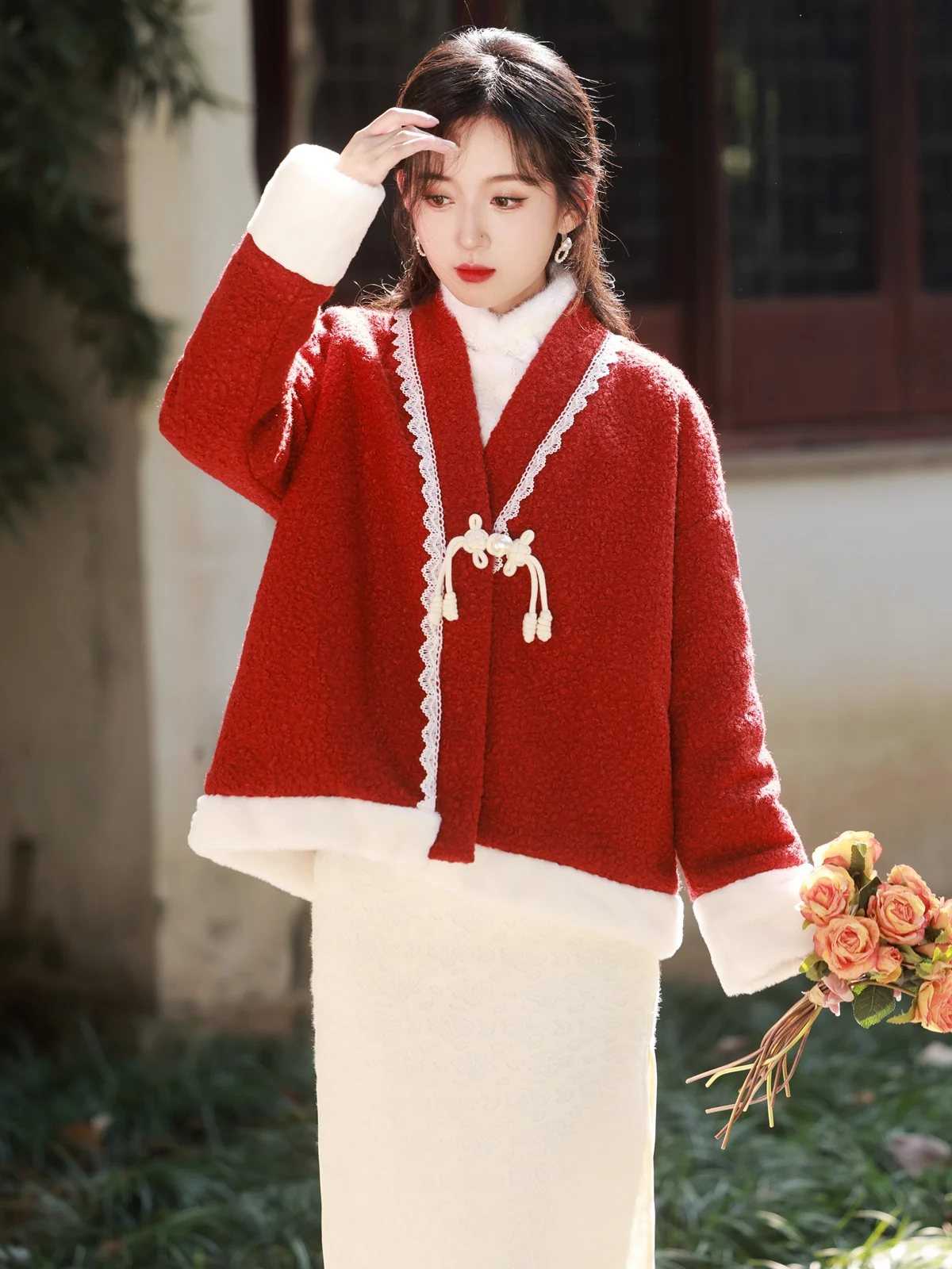 Red Outer Wear Chinese Style Cheongsam Cardigan Shawl Winter Long Sleeve Thick Warm Top Coat Gentle New Year