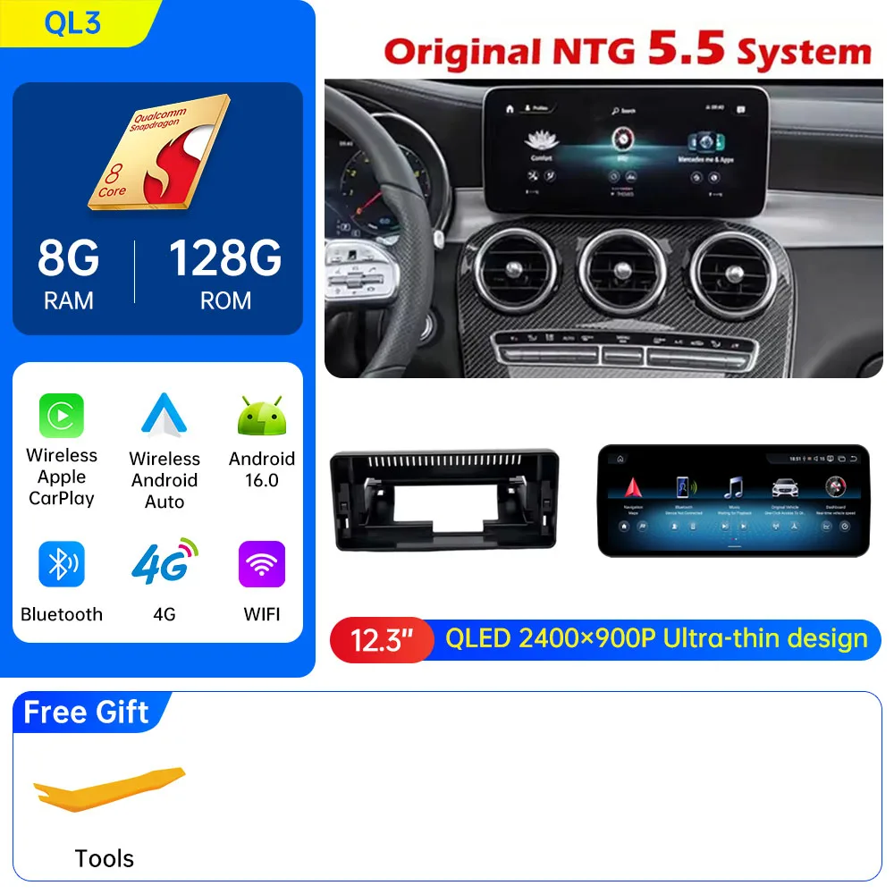 Android 16 voor Mercedes Benz C-Klasse W205 GLC X253 2015 - 2021 Mercedes Benz V-Klasse 2015 - 2019 Auto Draadloze CarPlay GPS 4G BT