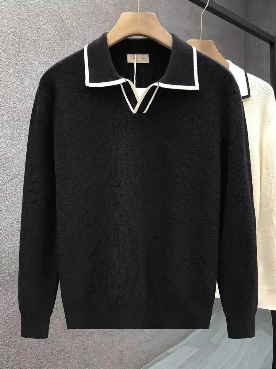 

Мужской осенне-зимний свитер с длинным рукавом, без пуговиц, с отложным воротником, свободного кроя, V-образный вырез, прямой крой, вязаный джемпер.