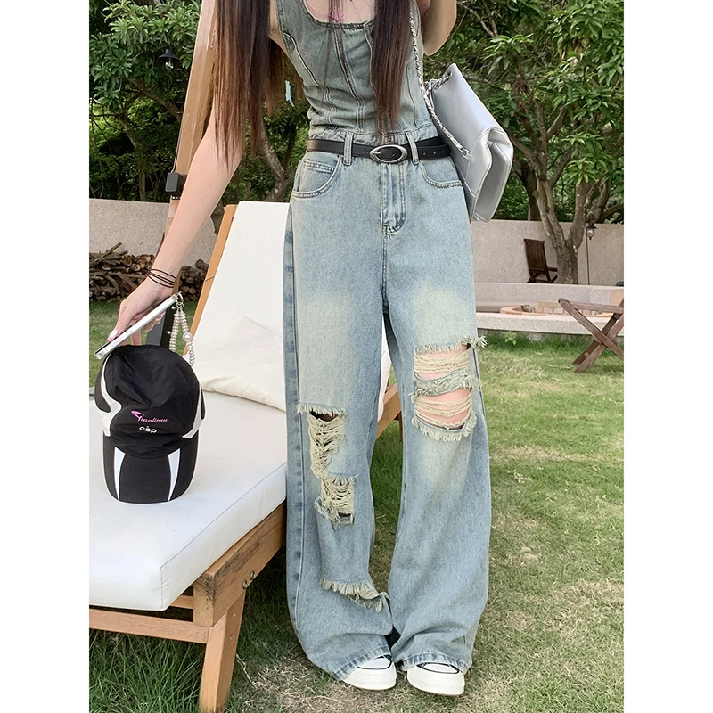 Women's Casual Denim Overalls Vintage Button Down Sexy Backless Holes Hollow Out Ripped Denim Full Pants Female 2024 New Jeans