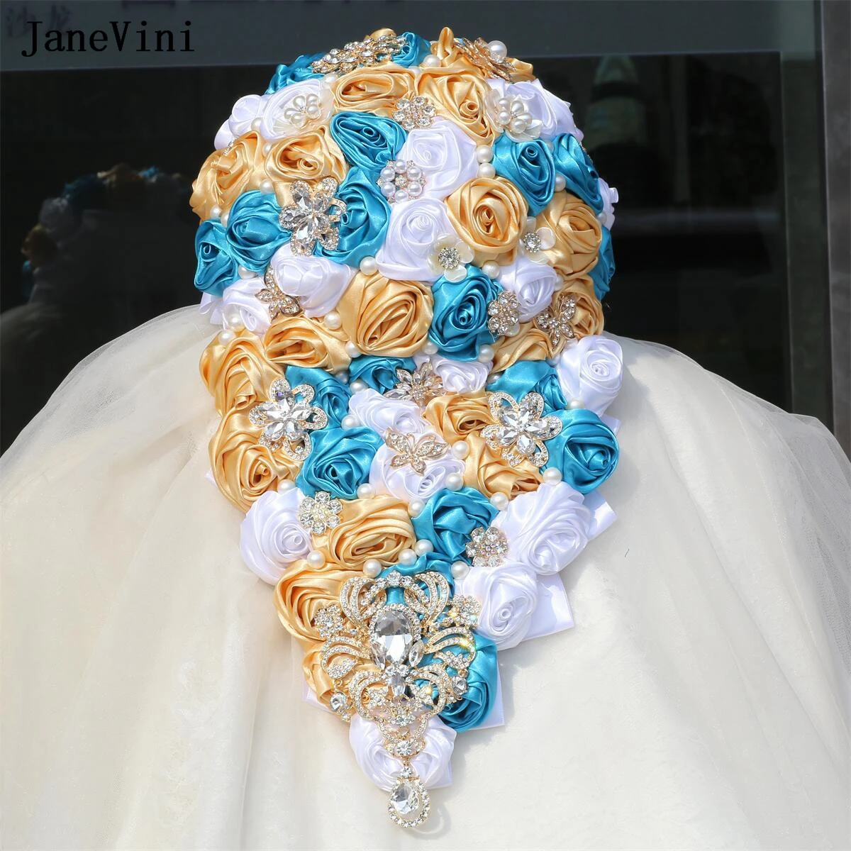 JaneVini Blue White Cascading Luxury Waterfall Bridal Bouquets Flowers Bling Crystals Pearls Ribbon Roses Wedding Brooch Bouquet