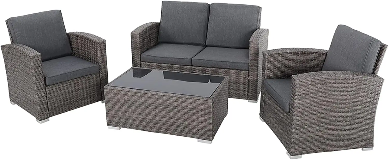 

Patio Furniture Set All-Weather Outdoor U-Shaped Patio Conversation Set 4 Piece PE Rattan Wicker Small Sectional Patio Sofa Set