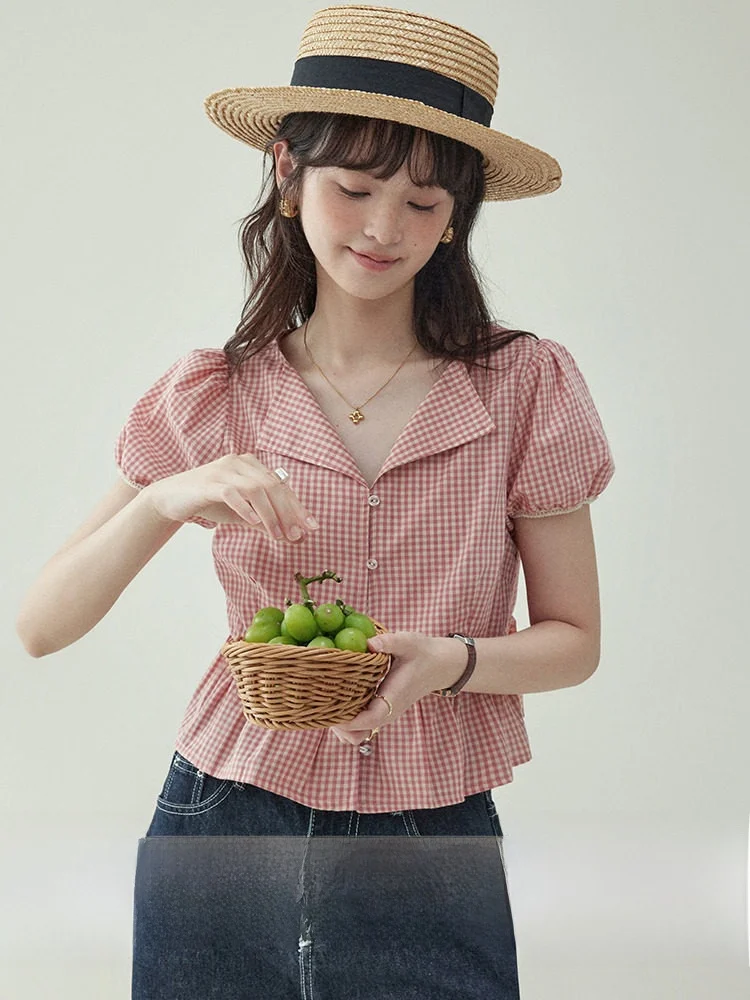 

AMUU Original Pure Cotton Bubble Sleeve V-Neck Women's Shirt Short Style Summer New Floral Top Breathable Comfortable