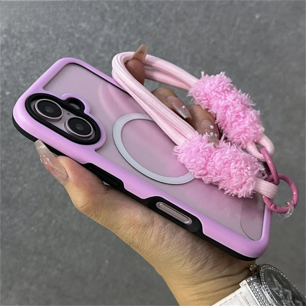 Rüstung Candy Color Clash für Magsafe magnetische klare Handyhülle mit Plüsch-Handschlaufe für iPhone 16 Pro Max 15 Plus Cover