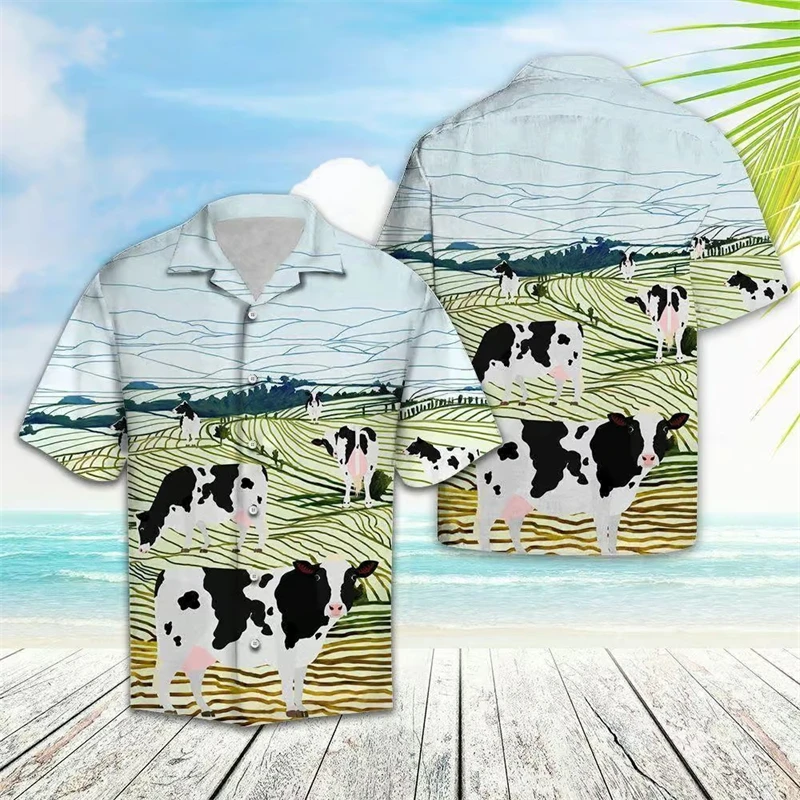 New Men\'s Shirts Hawaii Tropical Style Animal Pattern Short Sleeve Aloha Blouse Cow Print Summer Casual Hawaiian Funny Camisa