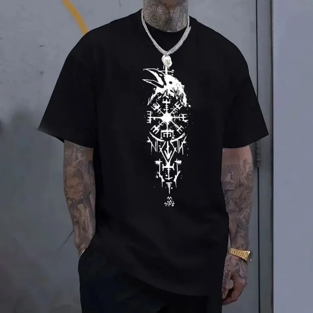 American style new men's summer crow totem print comfortable and breathable round neck T-shirt outdoor casual top