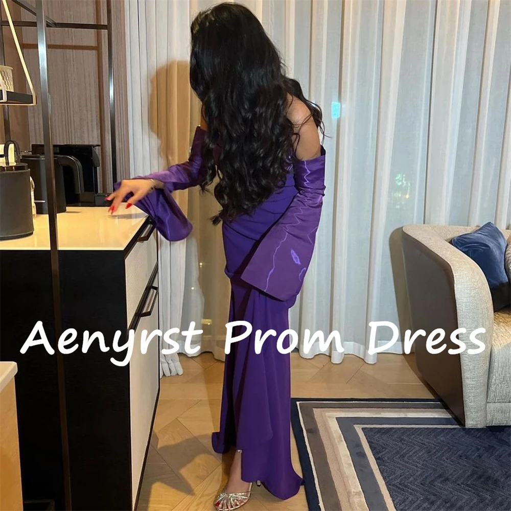 Aenyrst gaun Prom Saudi tanpa tali, gaun malam lengan panjang Satin duyung warna ungu, gaun acara Formal lantai