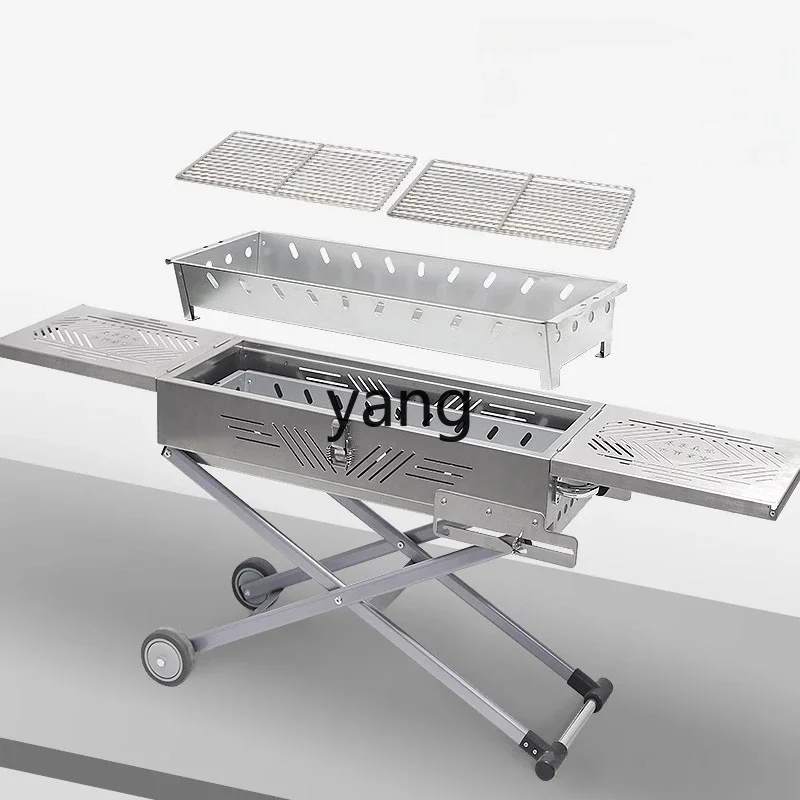 

lhh BBQ Grill Household Stainless Steel BBQ Shelf Outdoor Folding and Dragging Smokeless Charcoal BBQ Set