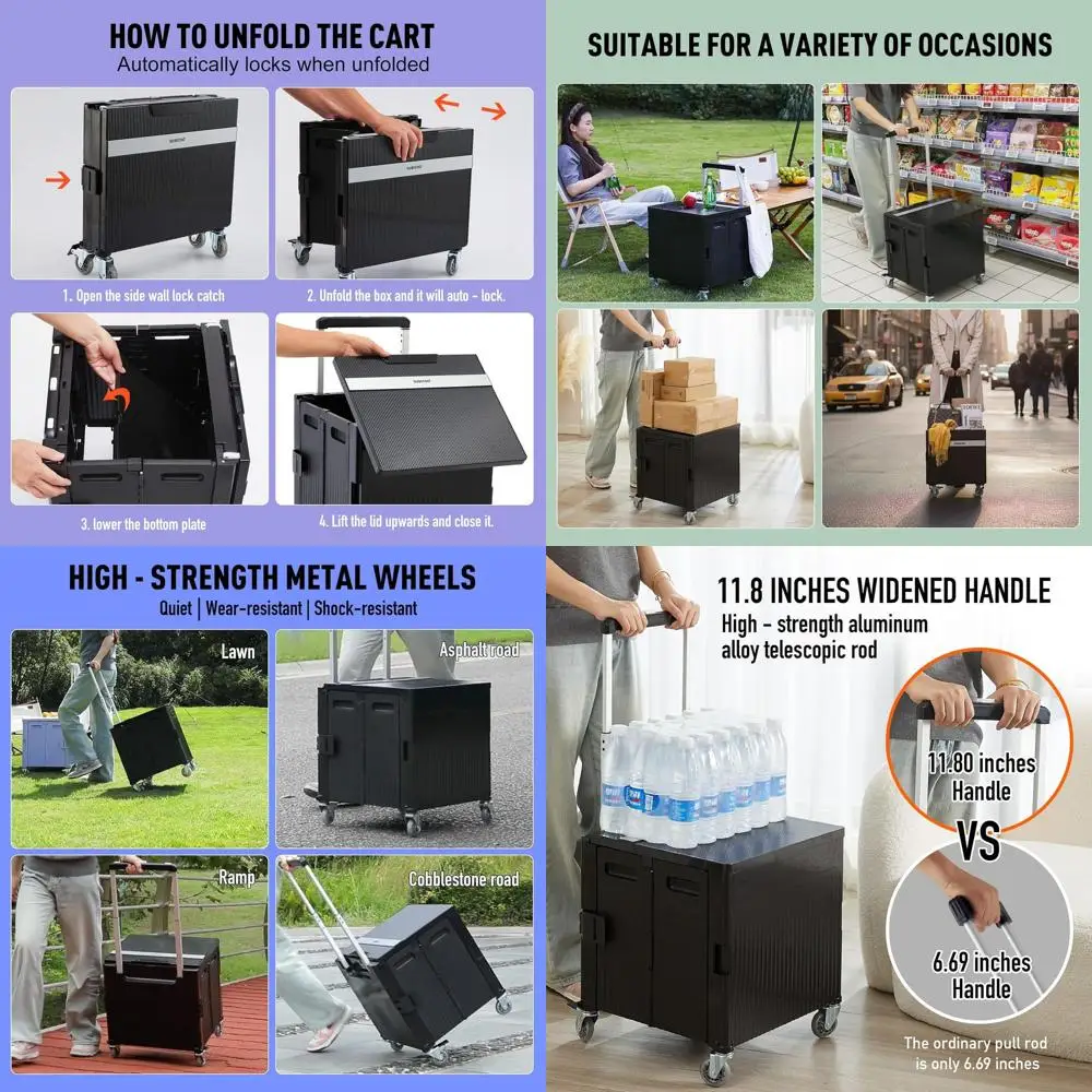 

Складная тележка на колесиках с крышкой для покупок, офиса и хранения - черная