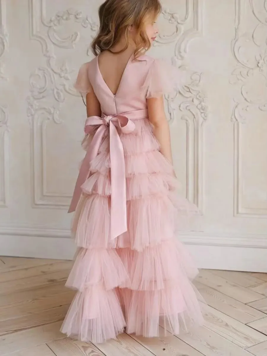 

Индивидуальные розовые платья для девочек с цветочным узором для свадьбы, многоярусные, из фатина, с короткими рукавами, для торжественных случаев, для первого причастия, бальные платья