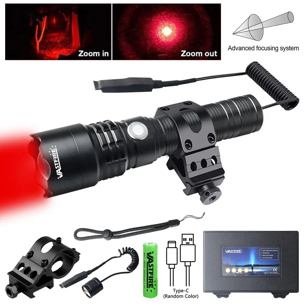 High Professional LED Flashlight Red Light for Hunting Tactical Night Scout Light Fish Light USB Rechargeable Waterproof Torch