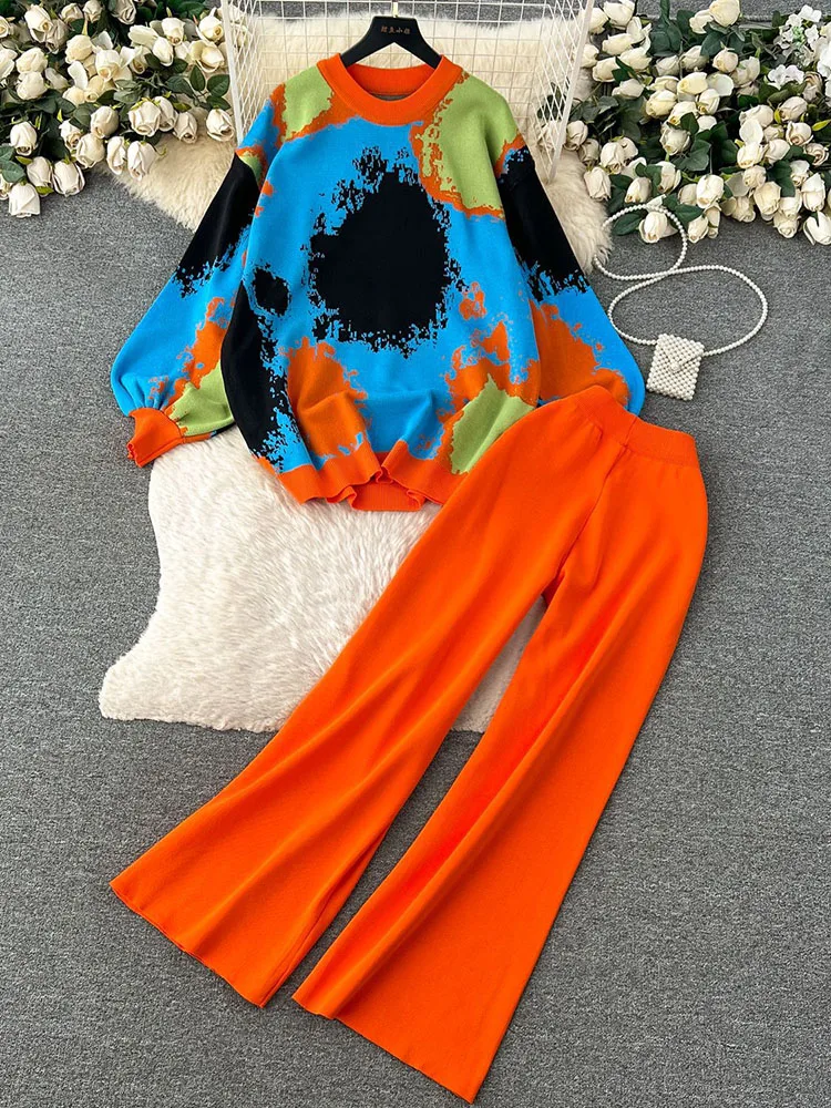 Tie-Dye gestrickt 2 Stück Sets Frauen lose Langarm Strickwaren Pullover Tops Conjuntos koreanische lässige Hose mit hoher Taille Outfit neu