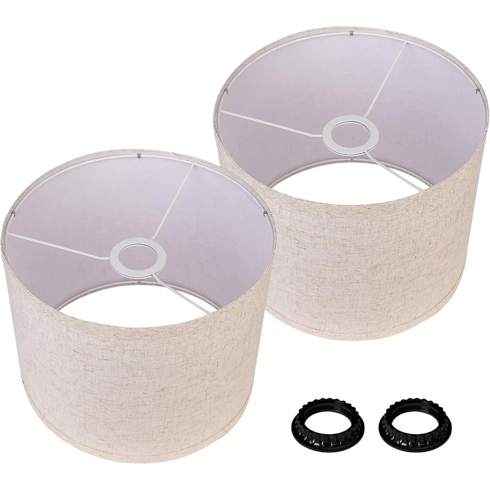 drum lamp shades set of 2, beige linen lamp shades for table lamps, 11‘’ diameter x 8.85‘’ height, replacement lampshades for e2
