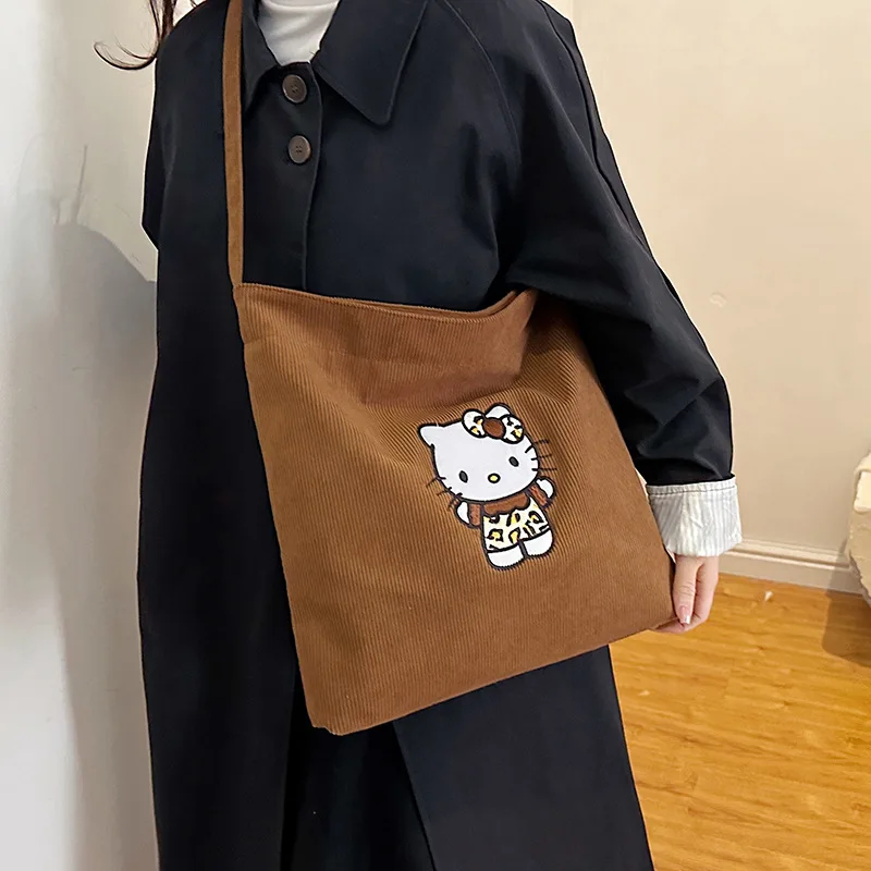 Olá kitty dos desenhos animados bolsa de veludo marrom grande capacidade todos os jogos bolsa de ombro moda leopardo impressão crossbody saco presente