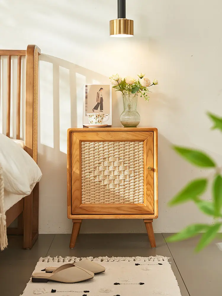 Wabi-sabi style solid wood rattan bedside cabinet B&B furniture vintage style bedroom simple storage cabinet
