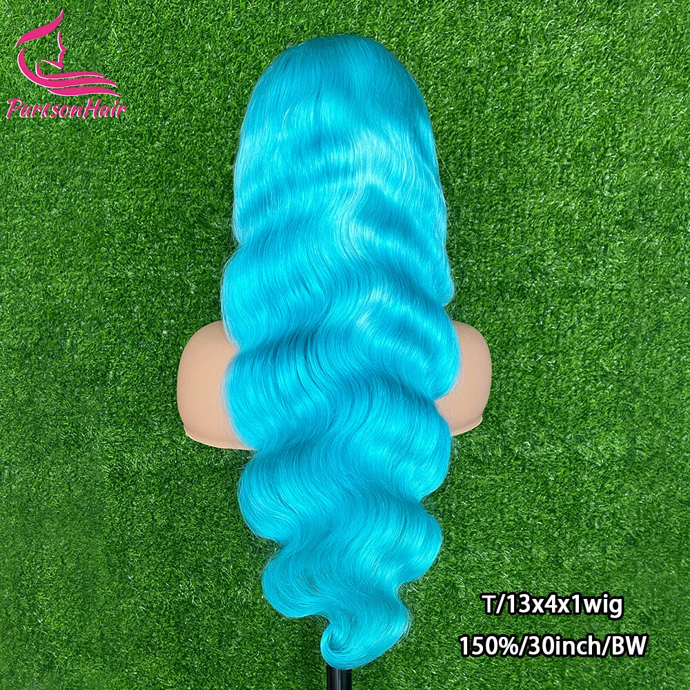 Peruki z ludzkich włosów Body Wave w kolorze niebieskim, peruka typu lace front 13x4 z transparentną koronką, wstępnie wyregulowana linia włosów, brazylijskie peruki z ludzkich włosów w kolorze dla kobiet.