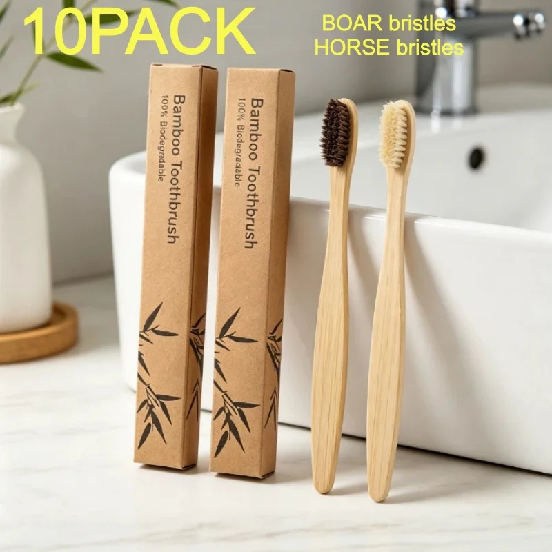 

10pack Bamboo Toothbrush with Horse / Boar Bristle,Eco-friendly Wooden Teethbrushes with Natural Bristles