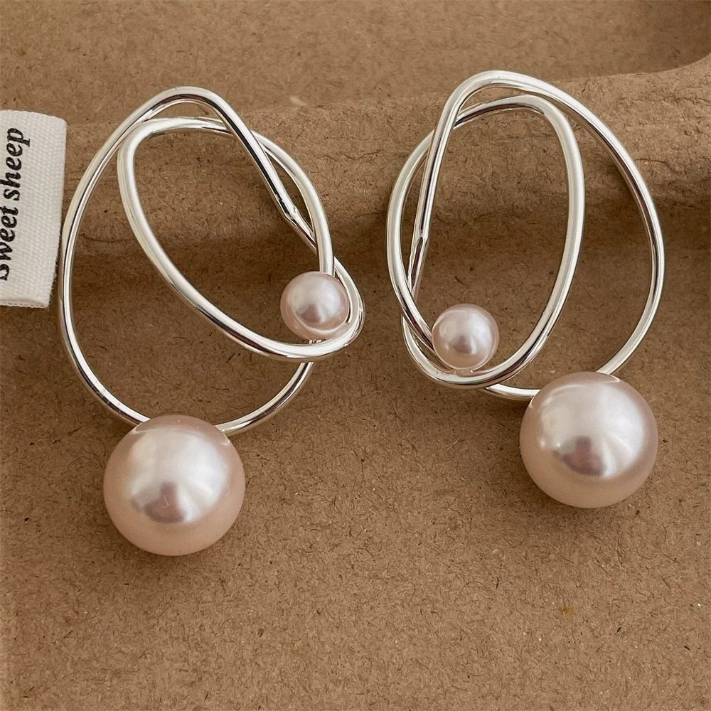 Kshmir Vintage Irregular Metal Line Pearl Pendant Earrings for Women Simple Commuter Jewelry Party Accessories