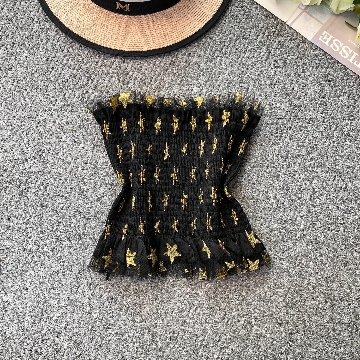 Bronzing Mesh Tube Top for Women 2026 Summer New Sensually Innocent Look Tank Tops Slim Commuter Elasticity Pleated Tees