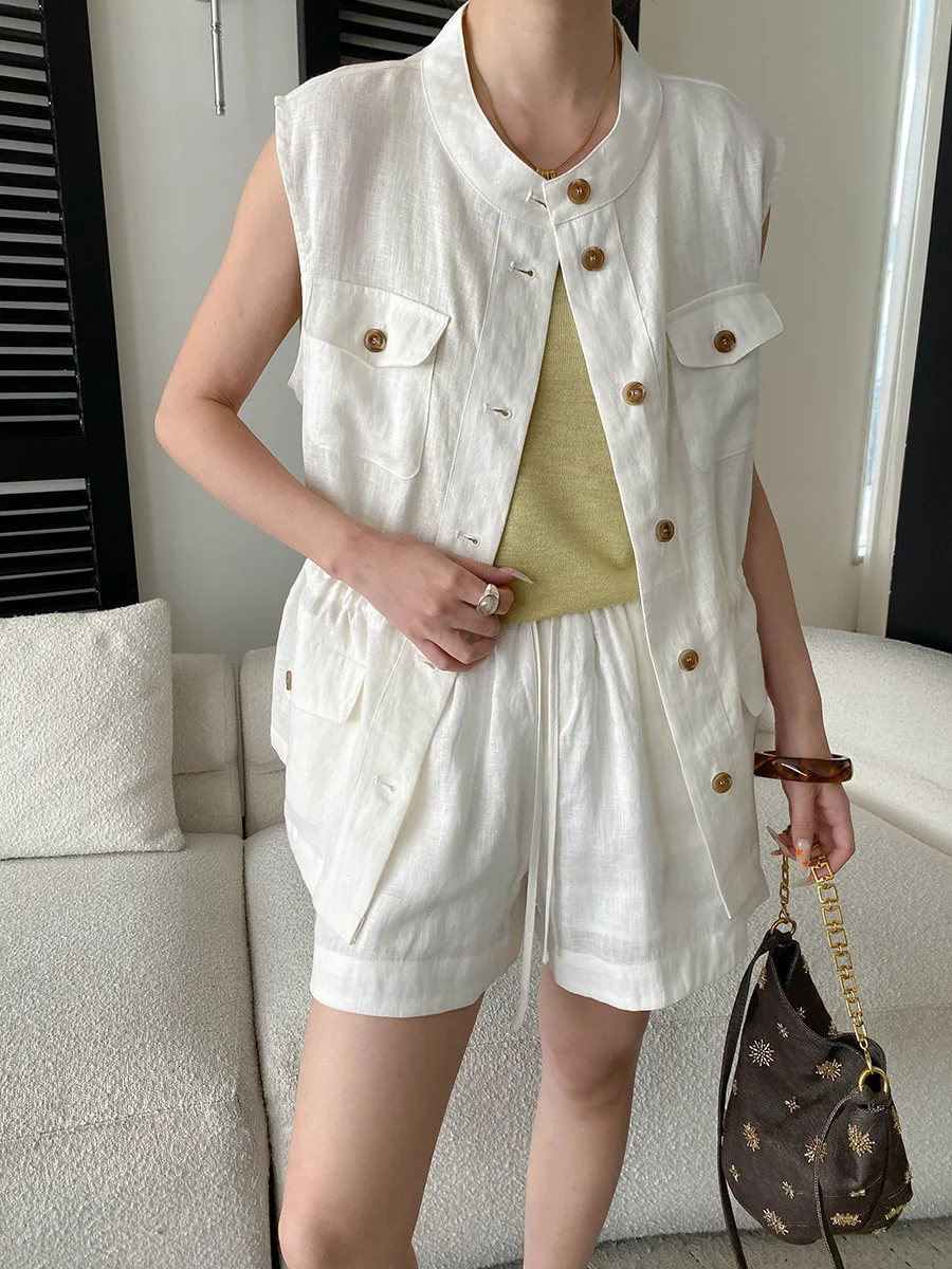Summer Women's Casual Solid Color Stand Up Collar Workwear With Drawstring Waist Cinched Vest Shorts Set