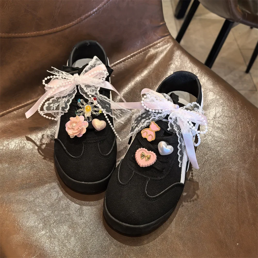 Charms for Sneakers Decorations Pink Pearl Lace Bow Shoe Laces Flower Bear Love Shoe Charm Buckle DIY Shoes Accessories 1Pc/2Pcs