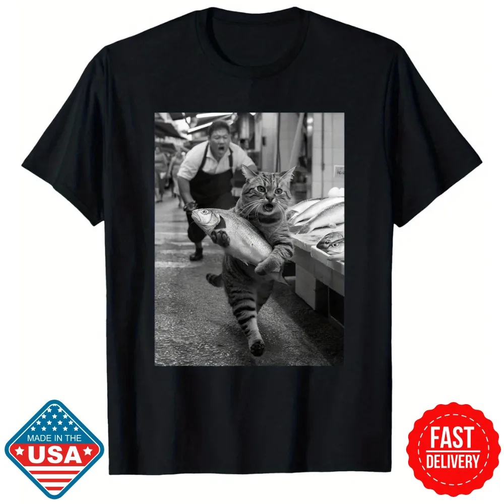 Funny Cat Steals Fish Market Black & White Meme T-Shirt | Unisex | Cotton | SALE