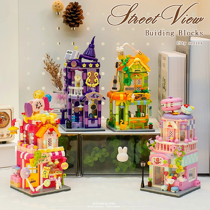 Mini Street View Building Blocks Macarons Candy shop Tarot House Bristro Models Decoration Assembly Bricks Gift Toy For Children