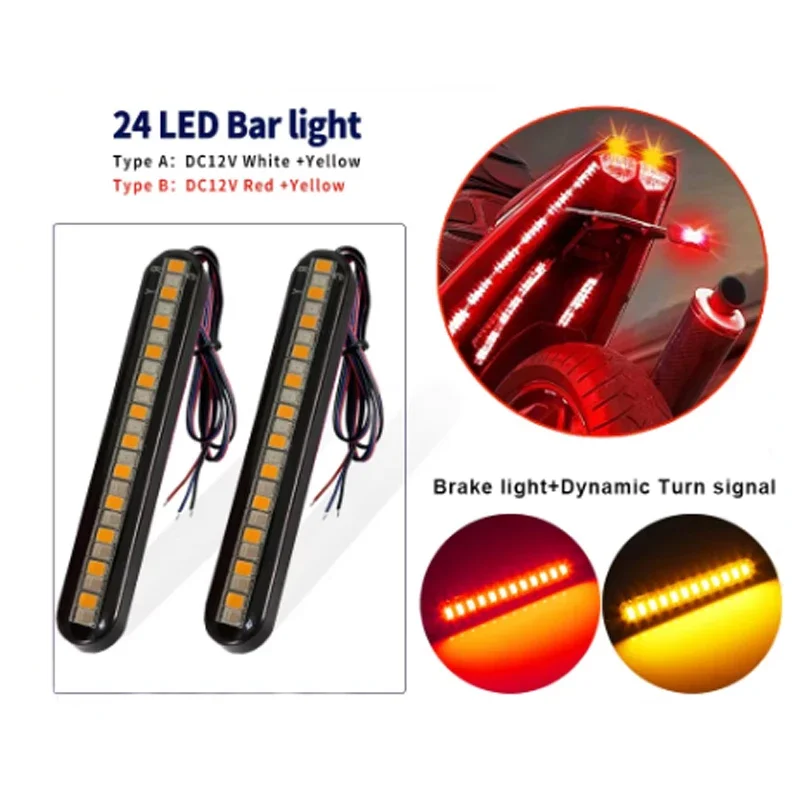 24LED Motorcycle Turn Signal Mini LED Light Strip Flowing Water License Plate Light Rear Brake Stop Lamp Tail Indicator DC 12V