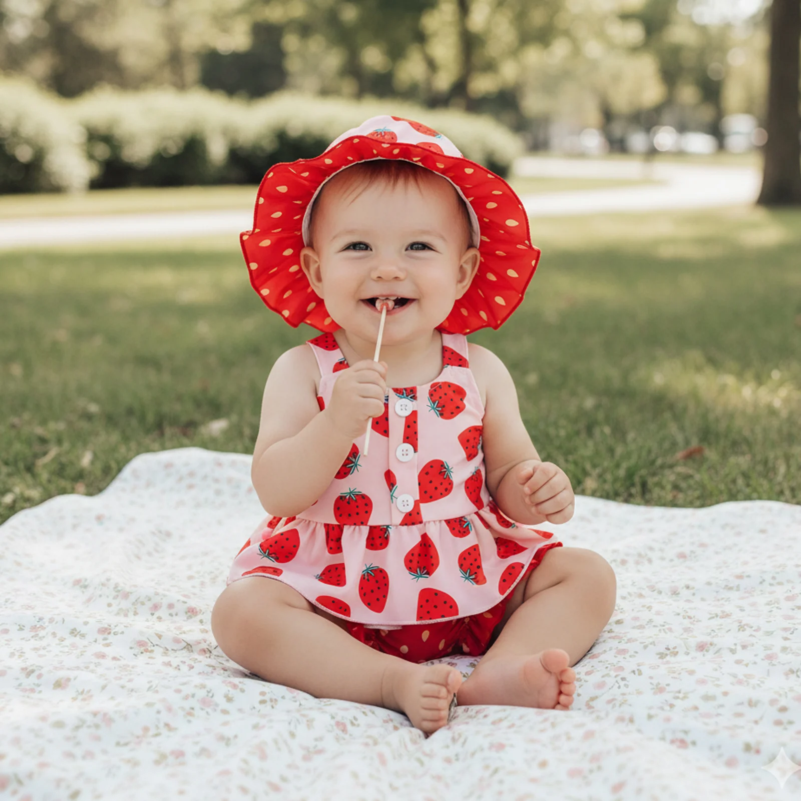 Toddler Baby Girl Summer Outfit Watermelon/Strawberry/Bee/Cow Ruffled Trim Sleeveless Tops Shorts Hat 3 Pcs Beahwear Sets 0-3Y
