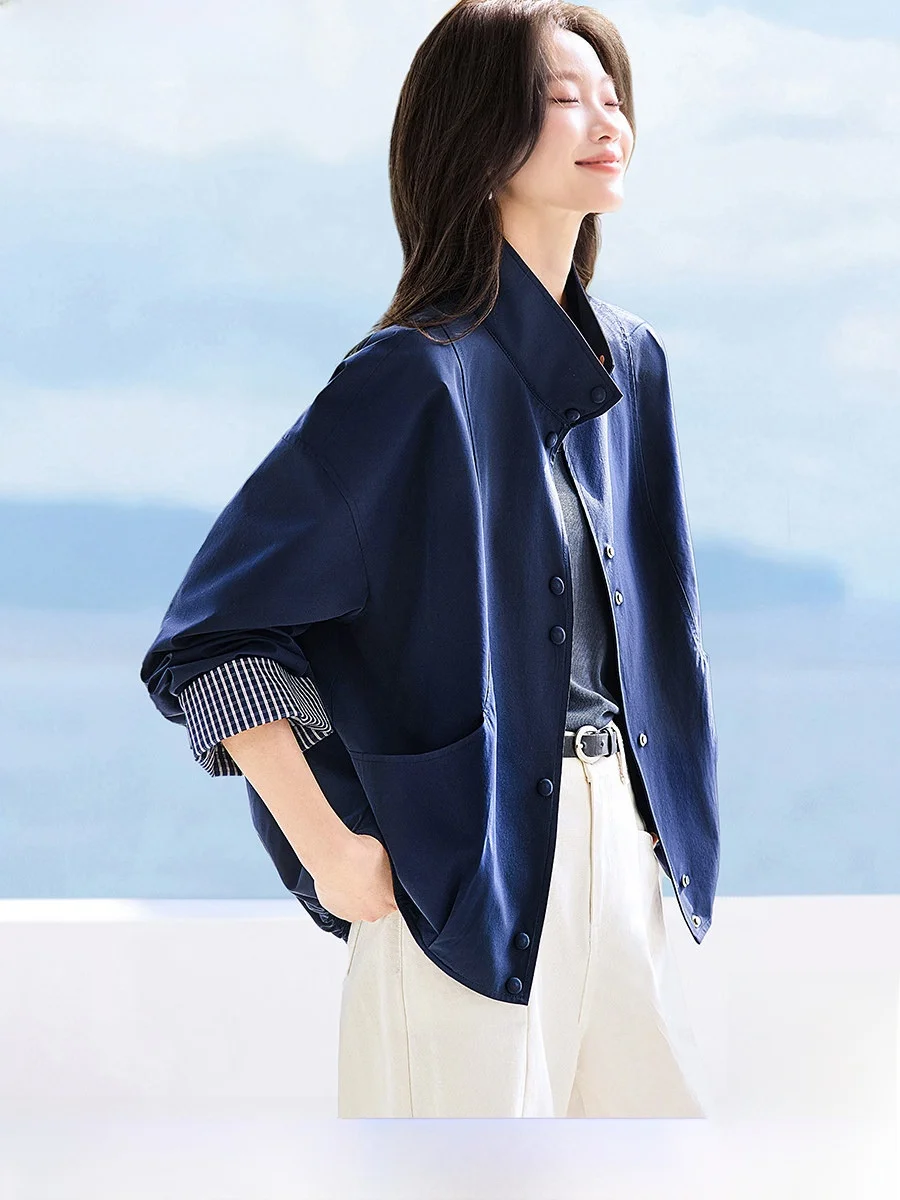 

Ele ort Jaet Outerwear Spring New Sle Stand Collar Loose Fit Plaid Patchwork oulder Drop Open Work Polyester Fiber