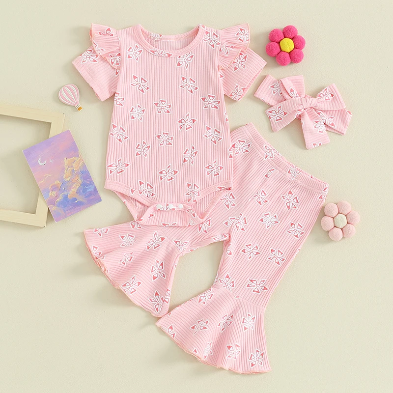 

2024-03-05 Lioraitiin 0-18M Baby Girl Summer Outfits Flower Print Short Sleeve Rompers Flare Pants Headband 3Pcs Clothes Set