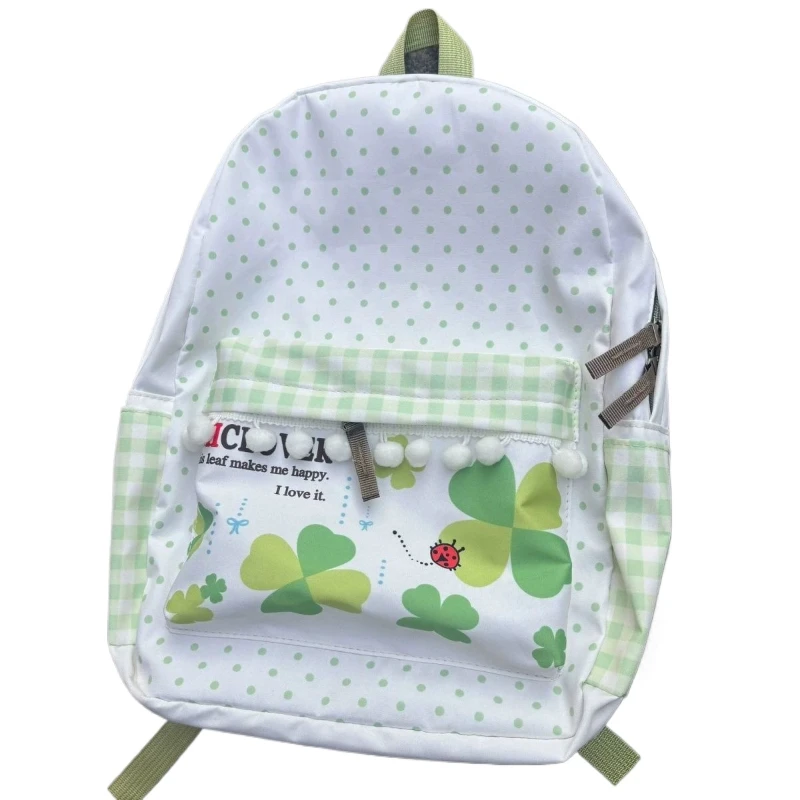 Japanese Cute Countryside Style Nylon Canvas Green Lucky Clover Large Capacity School Bag Student Storage Bag Travel Backpack
