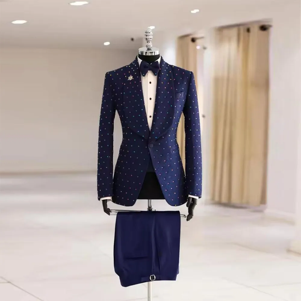 Luxury Beaded Suits Men Handmade Shawl Lapel Prom Blazers 2 Pieces Groom  Wedding Tuxedos Customized traje de hombre elegant