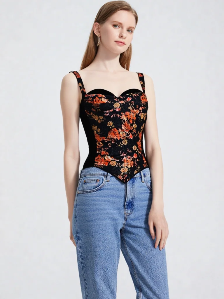 

Women's Vintage Floral Jacquard Velvet Corset Top - Gothic Boned Bustier with Sweetheart Neckline & Heart Hem for Party Clubwear