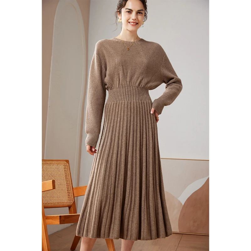 Autumn and Winter New Women's Round Neck 100% Pure Cashmere Knitted Dress Medium Length A-line Skirt Large Swing Cashmere Skirt