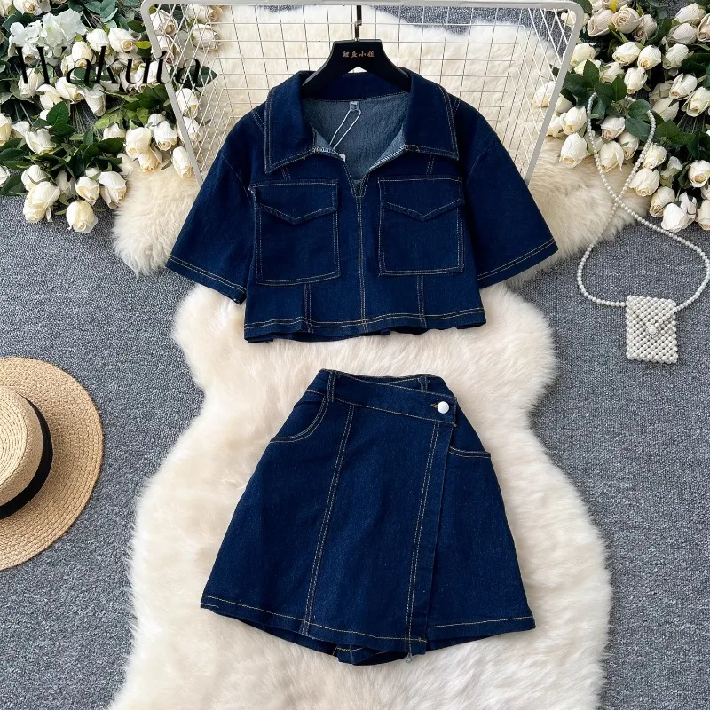 WAKUTA Korean Fashion Polo Collar Short-sleeved Denim Top Classic Irregular Peplum Shorts Chic Fall Set Street Style Y2K Clothes