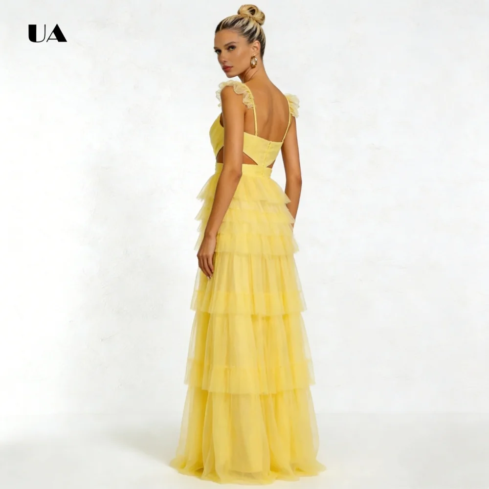 ULBYANRY Ruffle Tiered Tule Kolom Galajurk Effen Sweetheart Hals Uitgesneden Avondjurk Spaghetti Aangepaste Feestjurk
