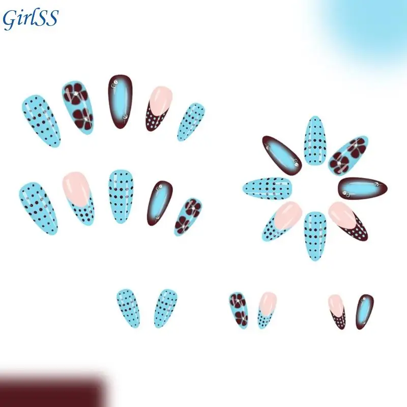 أنيقة الأزرق الأزهار الصحافة على الأظافر 24 قطعة صالون نمط الأظافر الاصطناعية لمناسبات الحفلات مريحة ارتداء اليومي T4MB