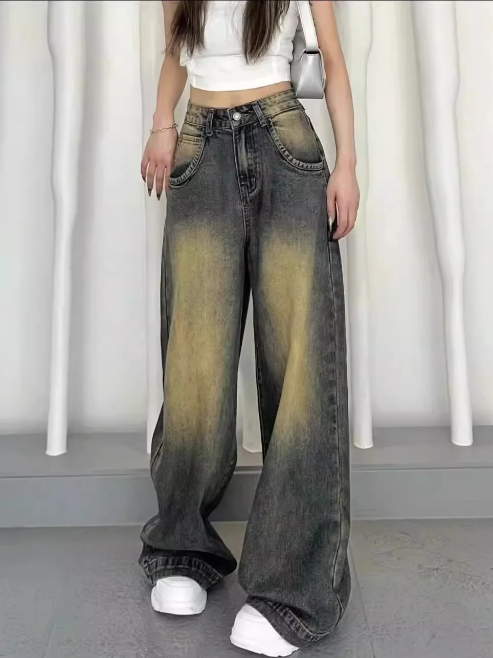 

plus Size American Retro Distred Wide Leg Jeans Men Women Fat MM High Waist Straight Loose Long Pants Casual Denim Jeans