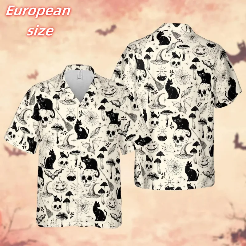 

Cat Skull Pumpkin Bat Pattern Hawaiian Shirt For Men Halloween 3D Printed Blouse Summer Short Sleeve Lapel Tops Aloha Shirts