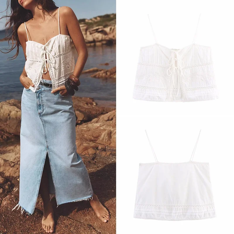 Women's Embroidered Lace Hollow out Short Strap Vest Summer 2025 New Style ZADATA Polyester Fiber Slim Fit Chinese Made