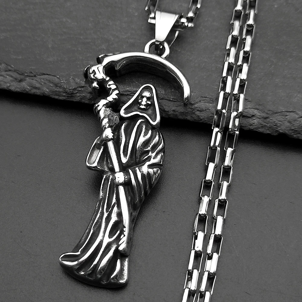 Heiliger St. Tod Santa Muerte Sensenmann Halskette für Männer Edelstahl Silber Farbe Männliche Kette Halsketten Schmuck Geschenk