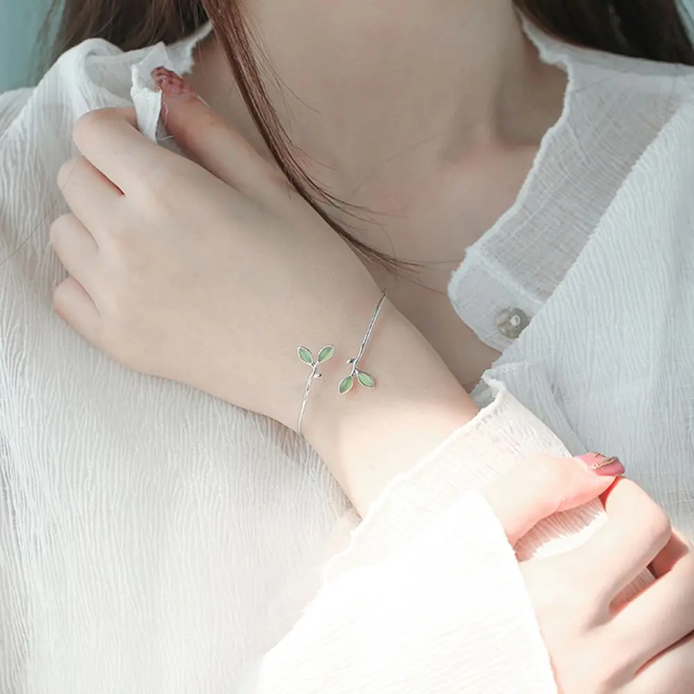 Female Girls Jewelry Gift Korean Style Delicate Women Bracelet Green Leaf Cuff Bracelet Open Bangle Bracelet Adjustable Bangle