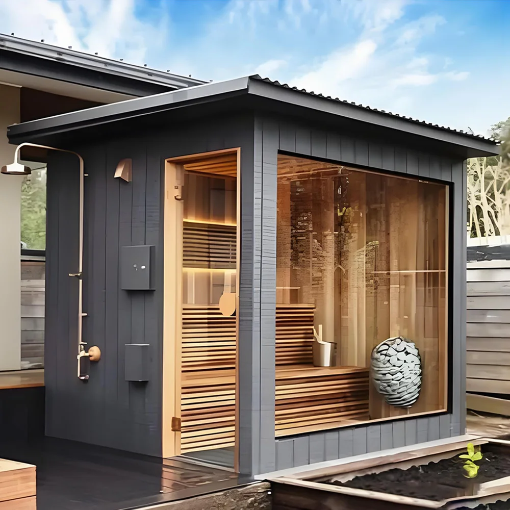 Red Cedar Sauna Cabin, Solid Wood Outdoor Sauna Shower Combo, Electric Stove Heater, 2-10 Person Backyard Sauna Room view 4